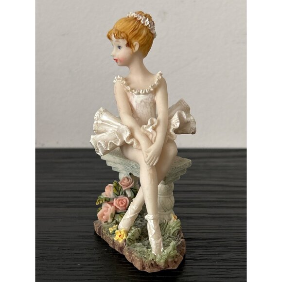 Resin Ballerina Figurine Sitting on Bench Adorned w/Flowers White Tutu Slippers - Picture 2 of 8